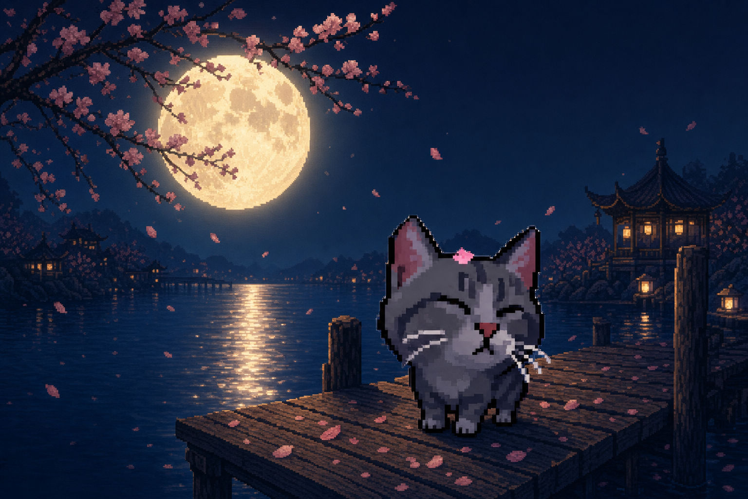 Moonmew, a pixel-art grey tabby, sits with closed eyes on a lakeside dock beneath a full moon and a flowering cherry branch